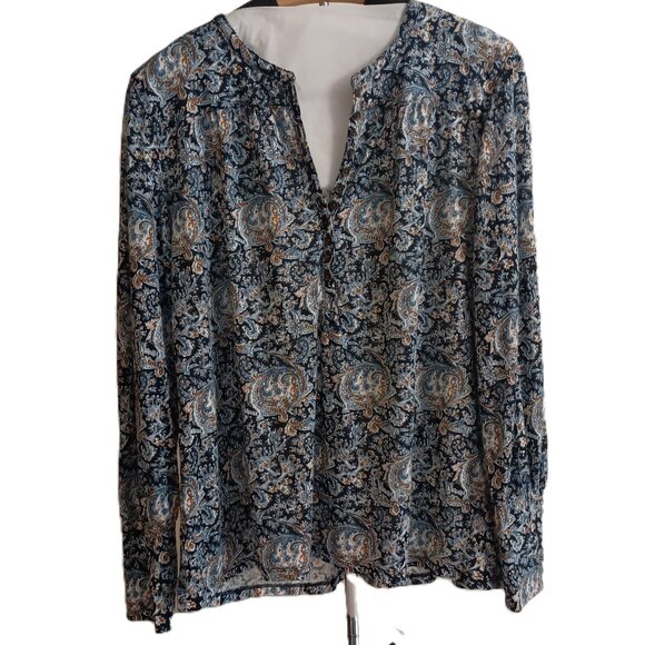 Lucky Brand Women’s Blue Printed V-Neck Jersey Top Button Front Size Large - Picture 2 of 16